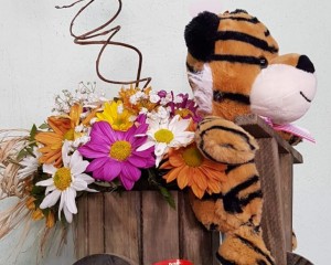 037- Cachepô de madeira com arranjo de flor do campo e tigre de pelúcia
